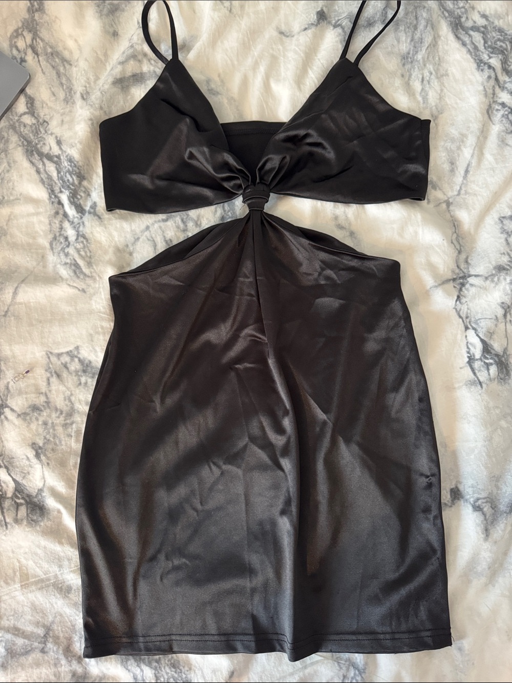 Black Satin Cutout Mini Dress with Twist Front